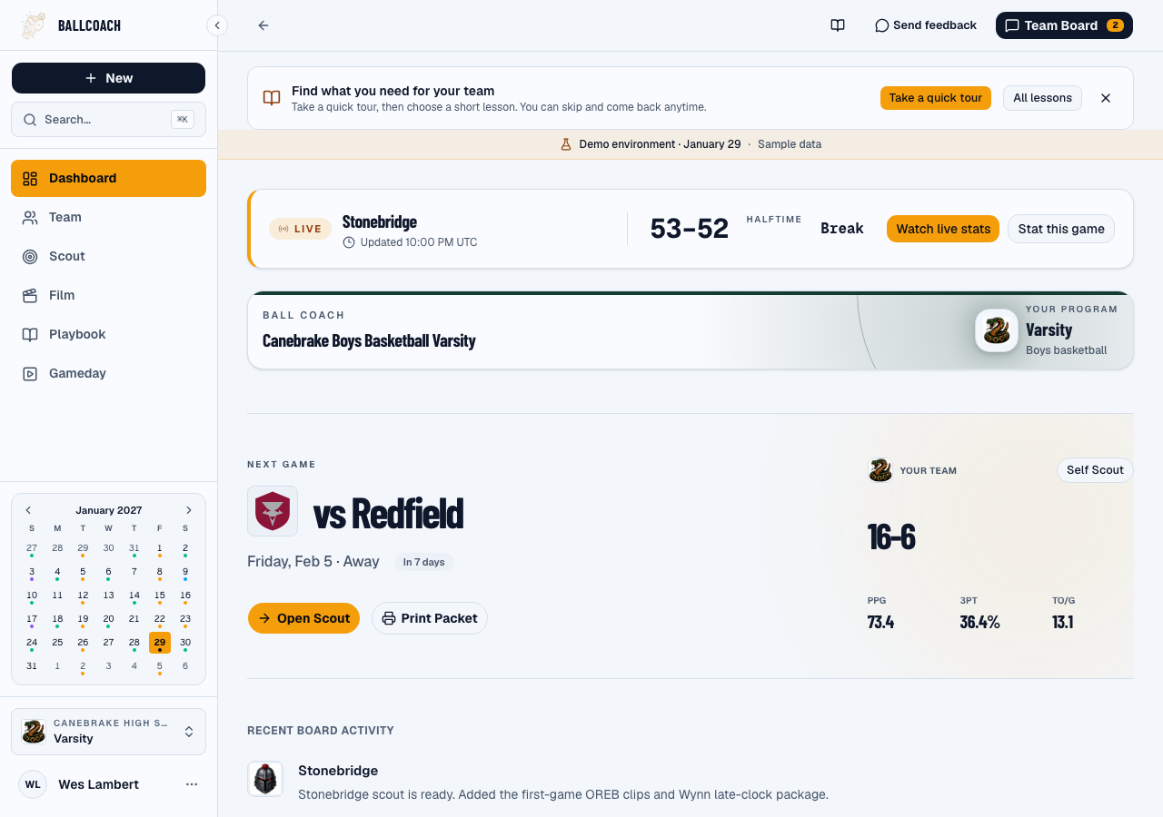 Demo Dashboard with team switcher, navigation, and upcoming schedule.