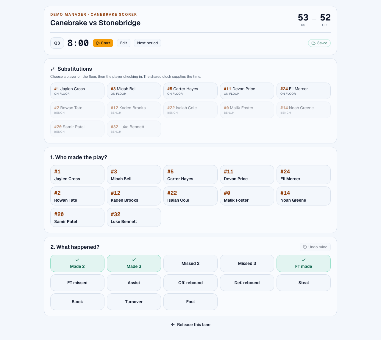 Manager scorer with substitutions, player selection, action buttons, Undo mine, and Saved status.